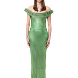Green Crystal-Embellished Mesh Cowl-Neckline Dress
