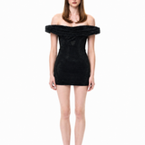 Black Crystal-Embellished Mesh Cowl-Neckline Mini Dress