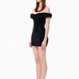 Black Crystal-Embellished Mesh Cowl-Neckline Mini Dress