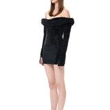 Black Crystal-Embellished Mesh Cowl-Neckline Mini Dress with Sleeves