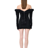 Black Crystal-Embellished Mesh Cowl-Neckline Mini Dress with Sleeves