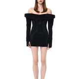 Black Crystal-Embellished Mesh Cowl-Neckline Mini Dress with Sleeves