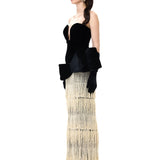 Black Velvet Corset Gown With Pearl Fringes And Bow Detail