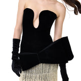 Black Velvet Corset Gown With Pearl Fringes And Bow Detail
