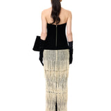 Black Velvet Corset Gown With Pearl Fringes And Bow Detail