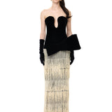 Black Velvet Corset Gown With Pearl Fringes And Bow Detail