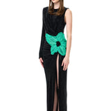 One-Shouldered Black Crystal-Embellished Mesh Dress With Organza Flower Detail