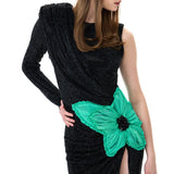 One-Shouldered Black Crystal-Embellished Mesh Dress With Organza Flower Detail