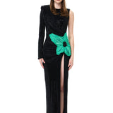 One-Shouldered Black Crystal-Embellished Mesh Dress With Organza Flower Detail