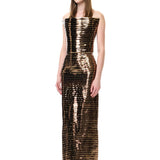 Gold Copper Leather Laser Cut Stripe Detailed Sculptural Corset Maxi Dress