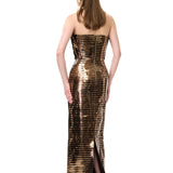 Gold Copper Leather Laser Cut Stripe Detailed Sculptural Corset Maxi Dress