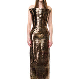 Gold Copper Leather Laser Cut Stripe Detailed Sculptural Corset Maxi Dress