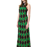 Green & Black Diamond-Print Chiffon Halter Neck Dress With Copper Sequins