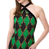 Green & Black Diamond-Print Chiffon Halter Neck Dress With Copper Sequins