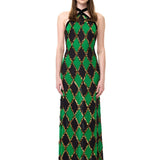 Green & Black Diamond-Print Chiffon Halter Neck Dress With Copper Sequins