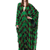Green & Black Diamond-Print Chiffon Dress With Copper Sequins And Batwing Sleeves