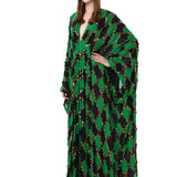 Green & Black Diamond-Print Chiffon Dress With Copper Sequins And Batwing Sleeves