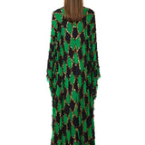 Green & Black Diamond-Print Chiffon Dress With Copper Sequins And Batwing Sleeves