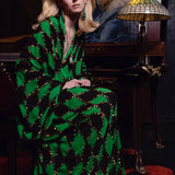 Green & Black Diamond-Print Chiffon Dress With Copper Sequins And Batwing Sleeves