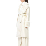 Cream Leather Fur Coat With Fur Trim And Zip Belt