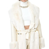 Cream Leather Fur Coat With Fur Trim And Zip Belt