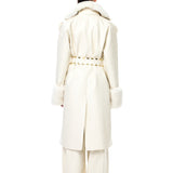 Cream Leather Fur Coat With Fur Trim And Zip Belt