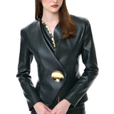 Khaki Leather Jacket With Gold Metallic Button