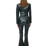 Khaki Leather Flared Pants With Zipper Detail