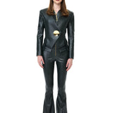 Khaki Leather Jacket With Gold Metallic Button