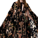 Black Velvet Cape With Chiffon Print And Beaded Buttons