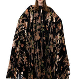 Black Velvet Cape With Chiffon Print And Beaded Buttons