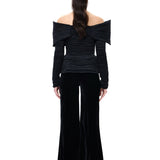 Black Satin Pleated Off Shoulder Jacket With Bow Detail