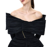 Black Satin Pleated Off Shoulder Jacket With Bow Detail