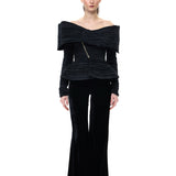 Black Satin Pleated Off Shoulder Jacket With Bow Detail
