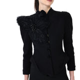 Black Crepe Tailored Jacket With Organza Flower Detail And Emroidered Buttons