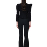 Black Crepe Tailored Jacket With Organza Flower Detail And Emroidered Buttons