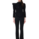 Black Crepe Tailored Jacket With Organza Flower Detail And Emroidered Buttons