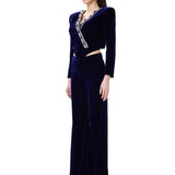 Navy Velvet Jacket With Blue Crystal-Embellished Collar