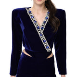 Navy Velvet Jacket With Blue Crystal-Embellished Collar