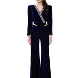 Navy Velvet Jacket With Blue Crystal-Embellished Collar