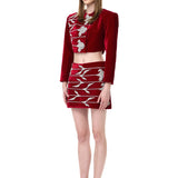 Red Velvet Double-Breasted Jacket With Crystal Flower Embroidery