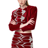 Red Velvet Skirt With Crystal Flower Embroidery