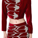 Red Velvet Double-Breasted Jacket With Crystal Flower Embroidery