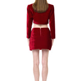 Red Velvet Double-Breasted Jacket With Crystal Flower Embroidery