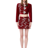 Red Velvet Skirt With Crystal Flower Embroidery