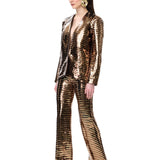 Gold Copper Leather Laser Cut Stripe Detailed Flare Pants