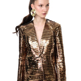 Gold Copper Leather Laser Cut Stripe Detailed Blazer