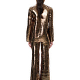 Gold Copper Leather Laser Cut Stripe Detailed Flare Pants