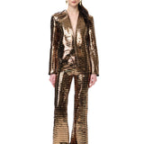 Gold Copper Leather Laser Cut Stripe Detailed Flare Pants
