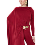 Brick Jersey One Shouldered Cape Detailed Jumpsuit With Gold Byzantine Belt